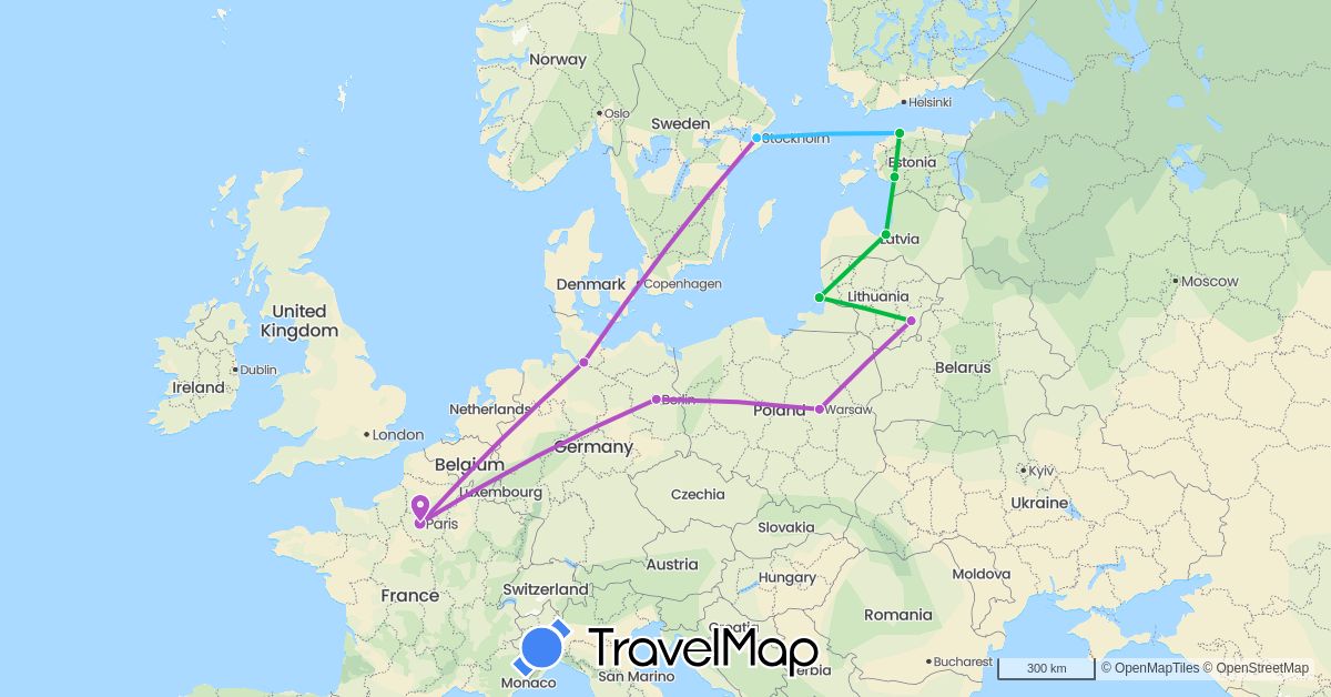 TravelMap itinerary: driving, bus, train, boat in Germany, Estonia, France, Lithuania, Latvia, Poland, Sweden (Europe)